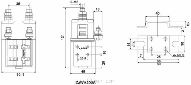 ZJWH200A型直流接觸器安裝尺寸