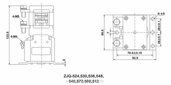 ZJQ500P系列直流接觸器安裝尺寸