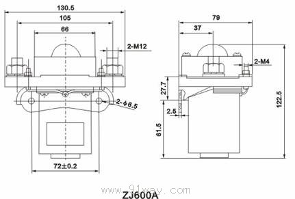 ZJ600A型直流接觸器安裝尺寸