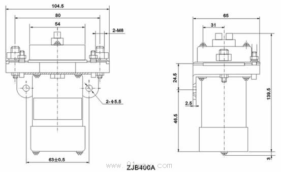 ZJB400S型直流接觸器安裝尺寸