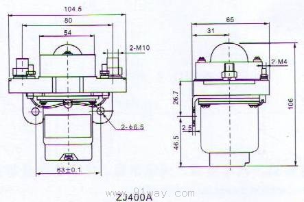 ZJ400A型直流接觸器安裝尺寸