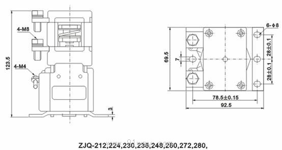 ZJQ200P系列直流接觸器安裝尺寸