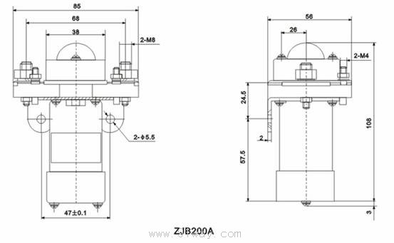 ZJB200A型直流接觸器安裝尺寸