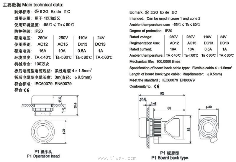P1防爆普通鈕技術參數