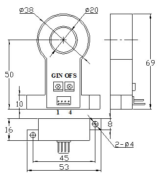A-CS300E系列霍爾交流電流傳感器外形尺寸