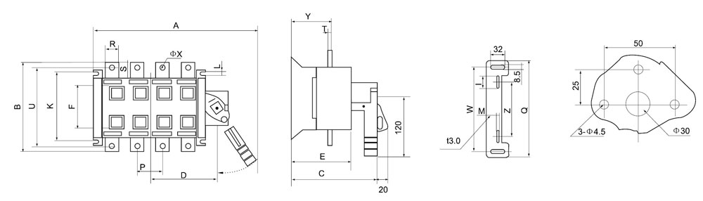 DGLCK系列125~630A隔離開關外形及安裝尺寸
