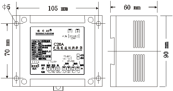 C2285工業型RS232/RS422-485通訊轉換器外形尺寸