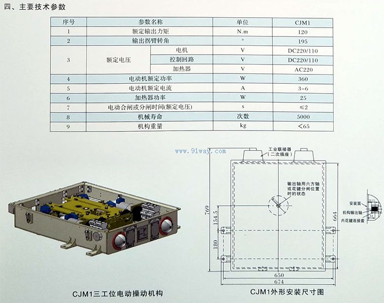 CJM1三工位電動操作機(jī)構(gòu)技術(shù)參數(shù)及安裝尺寸