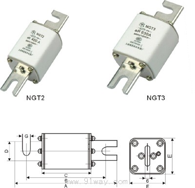 NGT系列方管形快速熔斷體外形及安裝尺寸2