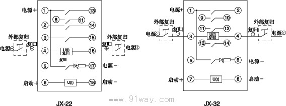JX-22、JX-32型信號繼電器接線圖
