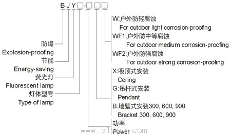 BJY系列防爆節(jié)能熒光燈(ⅡB)選型說明