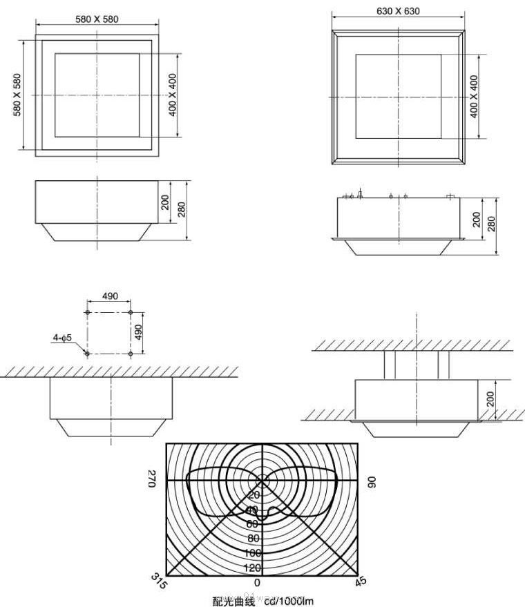 GFD-□系列防水防塵方燈外形尺寸及安裝尺寸