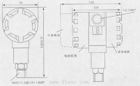 XW-800系列壓力變送器安裝尺寸