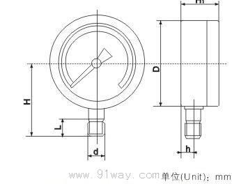 YTS-100,150耐酸壓力表外形尺寸
