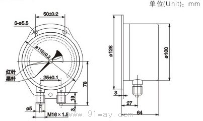 YZS-102雙針壓力表外形尺寸