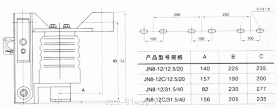JN8-12(C)戶內(nèi)交流高壓接地開關(guān)外形及安裝尺寸