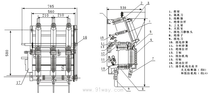 ZFN21-12D/T630-20,ZFN21-12DR/T125-31.5戶內(nèi)真空負(fù)荷開關(guān)-熔斷器外形及安裝尺寸