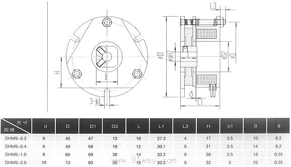 DHM5系列微型電磁失電制動(dòng)器外形尺寸