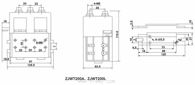 ZJWT200L直流接觸器安裝尺寸
