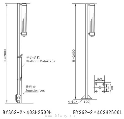 BYS62-SP型平臺立桿式圓筒型全塑防爆熒光燈(ⅡB)外形尺寸