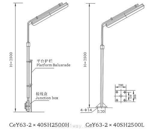 CeY63-SP型平臺立桿式全塑防爆熒光燈外形及安裝尺寸