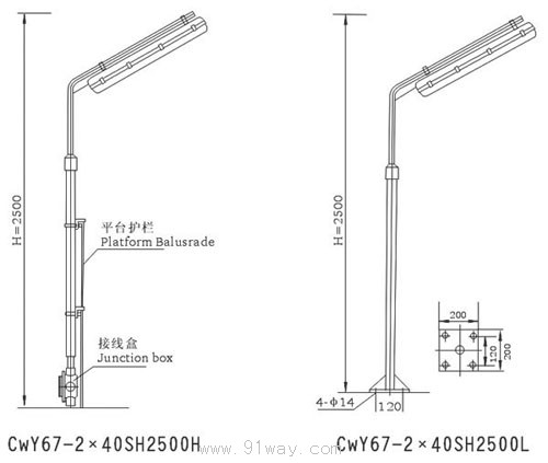 CWY67-SP型平臺立桿式三防熒光燈(ⅢF)安裝示意圖